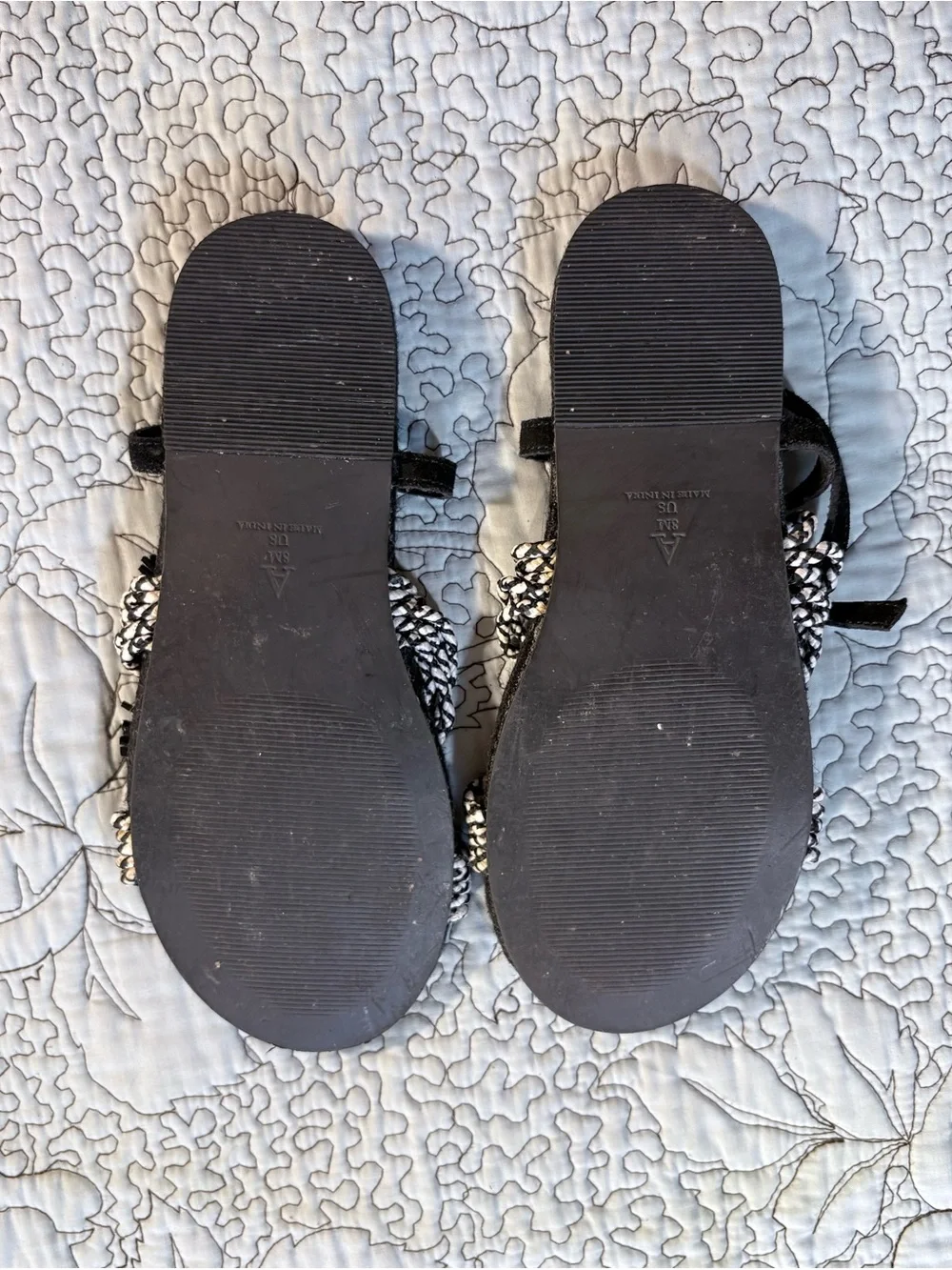 Anthropologie Fringed Rope Tassel Sandals Black White Woven Boho Sandals Sz 8💛